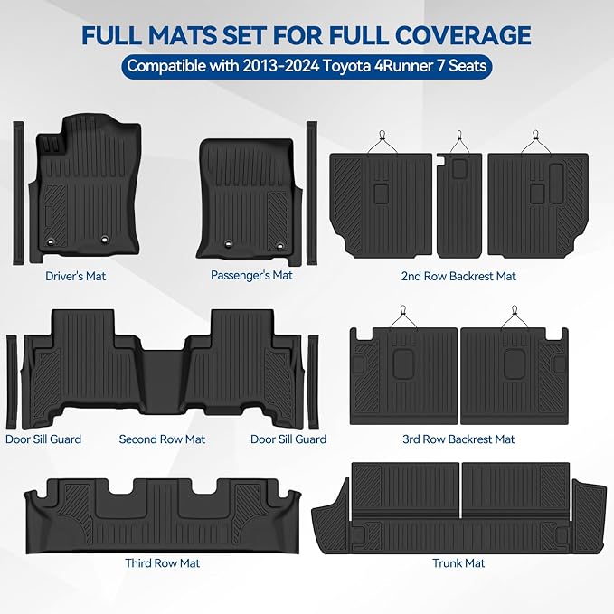 Custom Fit Floor Mats for 2013-2024 Toyota 4Runner 7 Seats, All Weather TPE Floor Liners with Trunk Mat & Backrest Protectors & Door Sill Guard, Odorless Full Set Interior Accessories