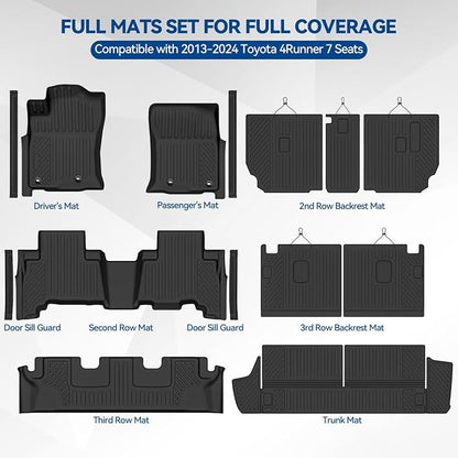 Custom Fit Floor Mats for 2013-2024 Toyota 4Runner 7 Seats, All Weather TPE Floor Liners with Trunk Mat & Backrest Protectors & Door Sill Guard, Odorless Full Set Interior Accessories
