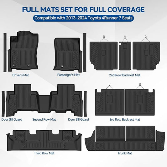 Custom Fit Floor Mats for 2013-2024 Toyota 4Runner 7 Seats, All Weather TPE Floor Liners with Trunk Mat & Backrest Protectors & Door Sill Guard, Odorless Full Set Interior Accessories