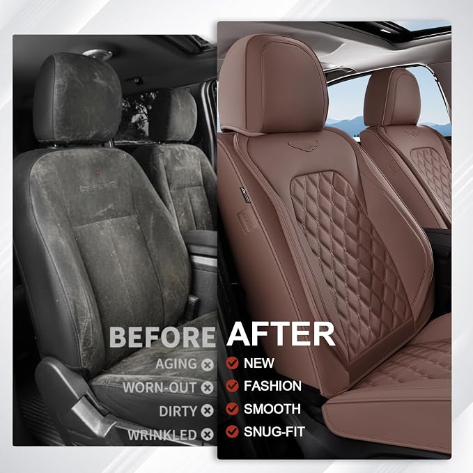 Coverado Full Set Car Seat Covers, Brown Leather Seat Protectors for Cars, Waterproof Luxury Front & Back Car Seat Covers, Universal Fit for Most Cars-Brown