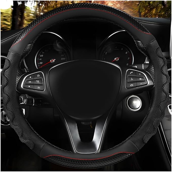 Car Steering Wheel Cover, 15 Inch Anti-Slip Steering Wheel Cover Protector with 3D Honeycomb Design, Universal Steering Wheel Covers for Truck SUV, Car Accessories (Black,Round Shape)