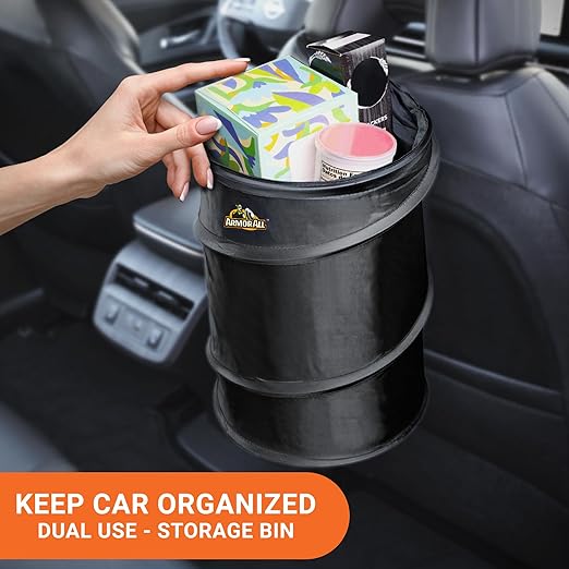 Armor All Car Trash Can, 3.3 Gallon Pop-Up Garbage Bin, Waterproof, Loop for Hanging, Velcro Base, Washable, Metal Frame, Portable Collapsible Design for Easy Storage, 12” Inch High x 9” Inch Wide