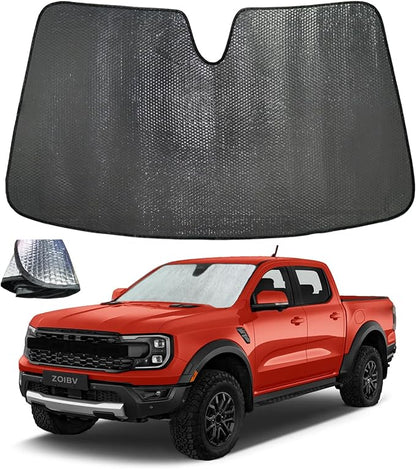 Car Windshield Sun Shade for Ford Ranger 2019-2024 Front Window Sunshade Sun Visor Protection Cover Accessories -5-Layer Bubble Foldable Thicken Blocks Heat & UV Rays Keep Car Cooler