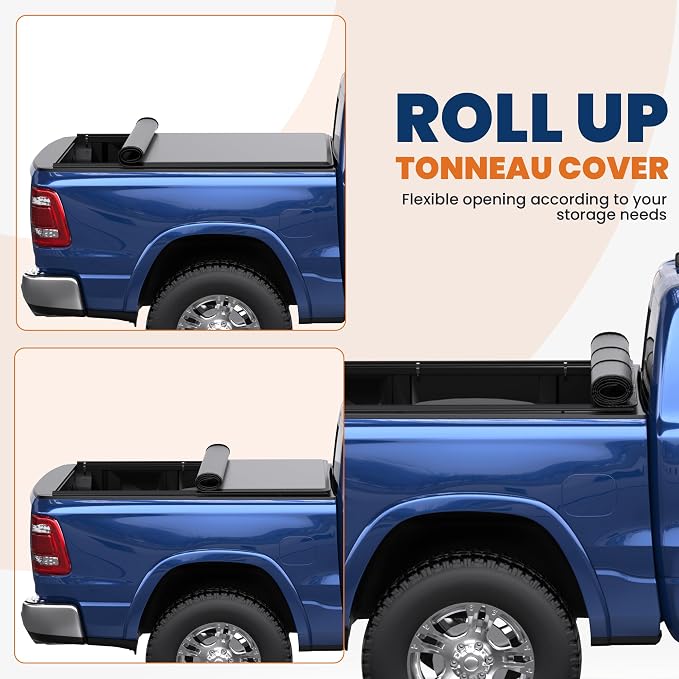 KUIPERAUTO Roll-Up Soft Vinyl Truck Bed Tonneau Cover Fleetside Compatible with 2019 2020 2021 2022 2023 2024 2025 2026 Ram 1500 New Body No RamBox On Top (6.4/6.5 FT Feed Bed)
