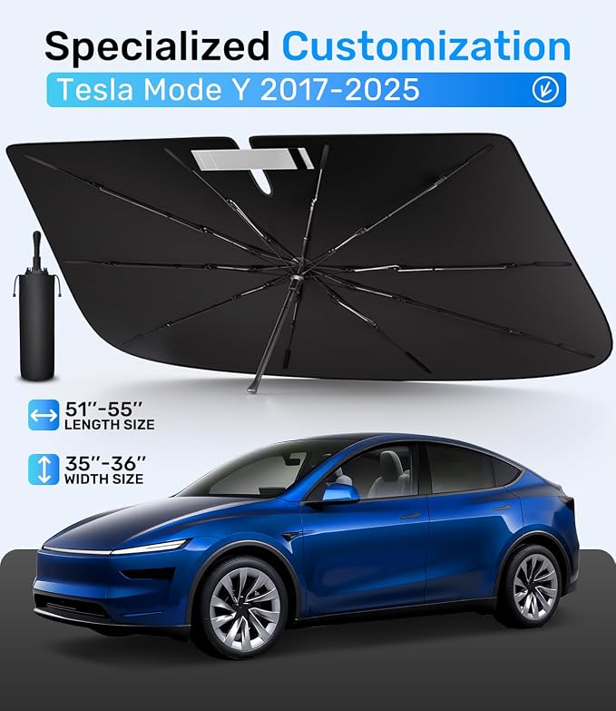 Zanch Upgrade Windshield Sun Shade, Custom Fit for Tesla Mode Y 2017-2026 [Titanium-Silver Reflective Coating] Blocks 99% UV & Heat, Sunshade Umbrella for Model Y 2017 ... 2024 2025 2026