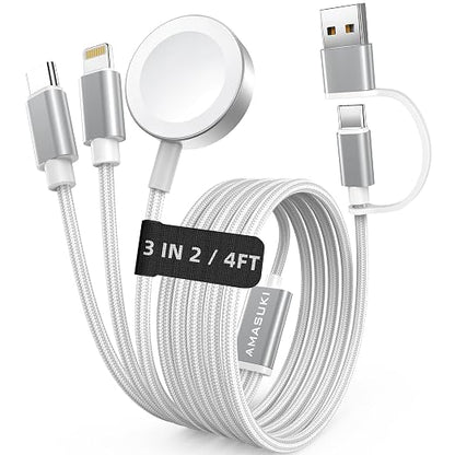 Travel Essentials,3 in 2 USB C Cable for Apple Watch Charger,iPhone Charger,Multi Charging Cable,Cruise Vacation Camping Essentials,Portable for iWatch Series 11-2/Ultra/SE & iPhone 17-12,Car,White