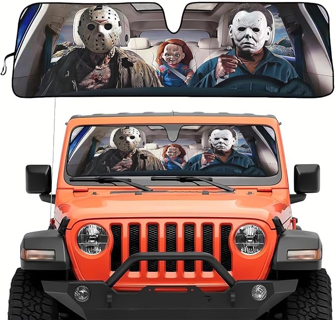 GENANY Horror Movie Character Windshield Sun Shade for Car SUV Truck (53x17 Inches), Automobile Sunshade, Protector Blocks UV, Christmas Car Decor