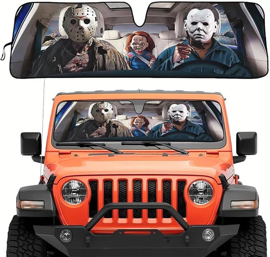 GENANY Horror Movie Character Windshield Sun Shade for Car SUV Truck (53x17 Inches), Automobile Sunshade, Protector Blocks UV, Christmas Car Decor