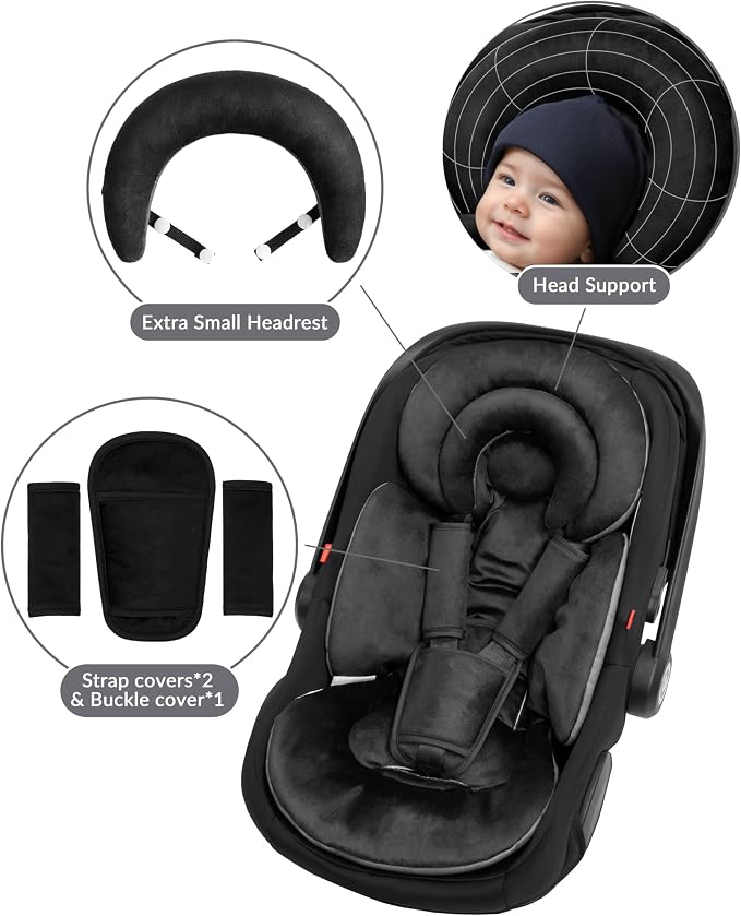 TinlyFinly Infant Car Seat Insert with Removable Cushion for Preemie to Toddler, Reversible Newborn Carseat Insert for Baby Head Body Support, Fits for Stroller, Baby Swing, Bouncer (Pure Black)