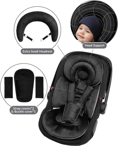 TinlyFinly Infant Car Seat Insert with Removable Cushion for Preemie to Toddler, Reversible Newborn Carseat Insert for Baby Head Body Support, Fits for Stroller, Baby Swing, Bouncer (Pure Black)