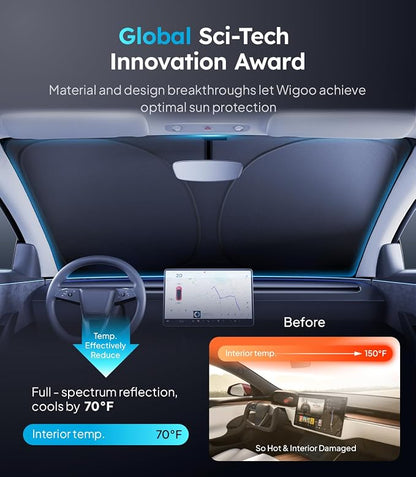 Wigoo 2026 Upgraded Accessories Tesla Model 3 Windshield Sunshade [OEM Design, 100% Sun Blockage] Foldable Heat Insulation Sun Shade with Storage Bag, for Tesla Model 3 2016~2026, Silver Coating