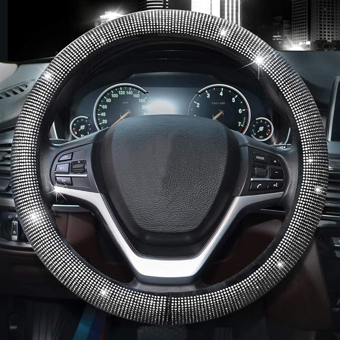 Valleycomfy Steering Wheel Cover for Women Men Bling Bling Crystal Diamond Sparkling Car SUV Wheel Protector Universal Fit 15 Inch (Black with White Diamond,Standard Size(14" 1/2-15" 1/4))
