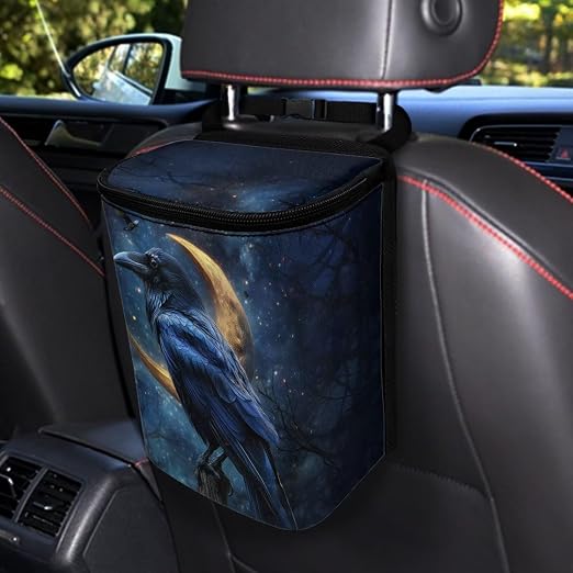 Talayituse Crow Moon Galaxy Print Car Trash Can Portable Auto Garbage Bin Multifunctional Vehicle Interior Accessories with Adjustable Straps Universal Fit Truck SUV Sedan