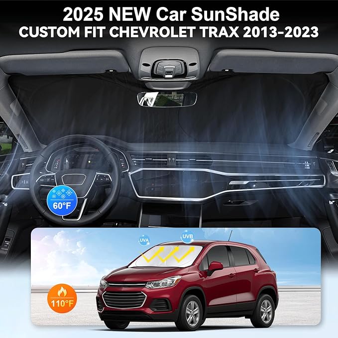 Sunshade for Trax Windshield Sun Shade for 2013-2023 2024 2025 Chevy Chevrolet Trax LS/1RS/LT/2RS/ACTIV SUV Accessories, Front Window Foldable 2 Layers Sun Visor Protector Cover Block UV Rays Heat