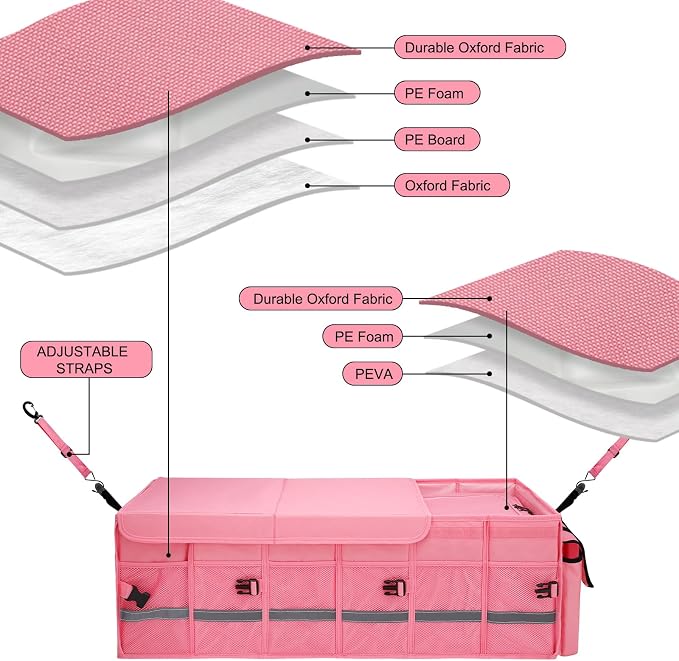 GDNasist Car Trunk Organizer and Storage with Lid & Removable Cooler Bag, Car Accessories 6 Removable Dividers for Custom Space, Collapsible Large Trunk Organizers Interior for SUV & Sedan, Pink