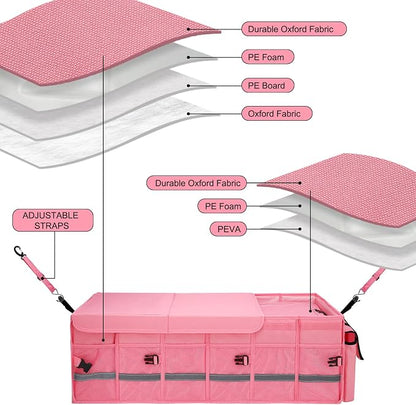 GDNasist Car Trunk Organizer and Storage with Lid & Removable Cooler Bag, Car Accessories 6 Removable Dividers for Custom Space, Collapsible Large Trunk Organizers Interior for SUV & Sedan, Pink