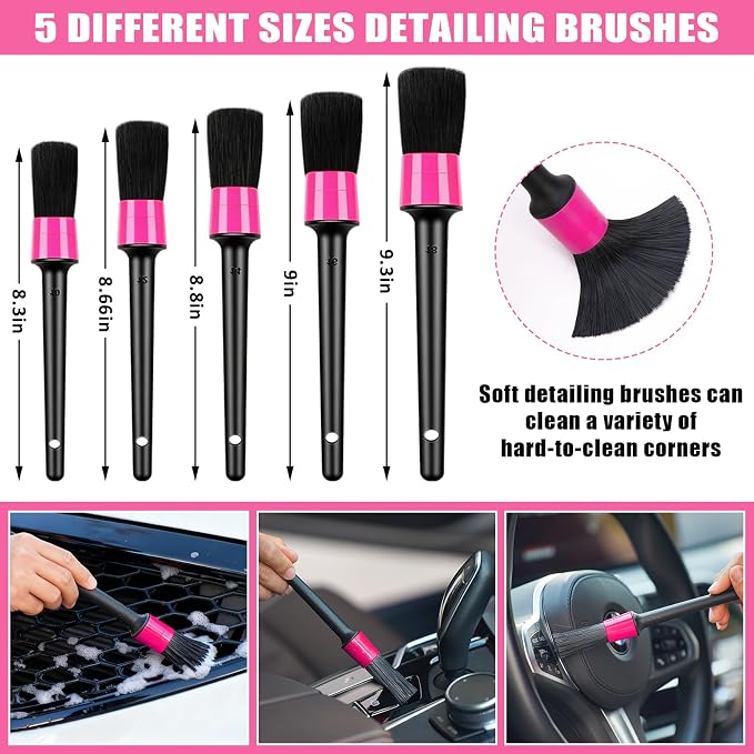 Windshield Cleaner Tool, 17Pcs Car Interior Detailing Kit, Detailing Brush, Towels, Duster, Car Cleaning Kit Interior for RVs, Truck, Trailer (Pink)