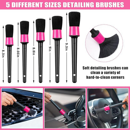 Windshield Cleaner Tool, 17Pcs Car Interior Detailing Kit, Detailing Brush, Towels, Duster, Car Cleaning Kit Interior for RVs, Truck, Trailer (Pink)