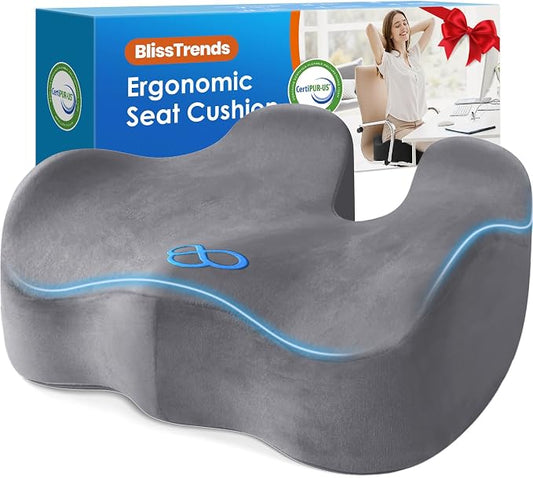 BlissTrends Extra Thick Seat Cushion for Office Chair & Car Seat,LightGrey | Tailbone & Sciatica Relief, Ergonomic Support, High-Density Memory Foam, Comfort for Extended Sitting