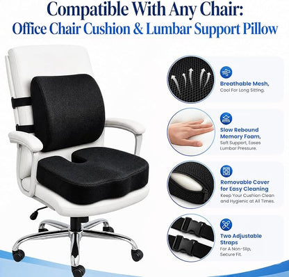 Ergonomic Seat Cushion & Lumbar Support Pillow for Office Chair, Memory Foam Seat Cushions for Tailbone Pain Relief, Sciatica & Lower Back Support for Desk Chair Car Home, Washable, Non Slip