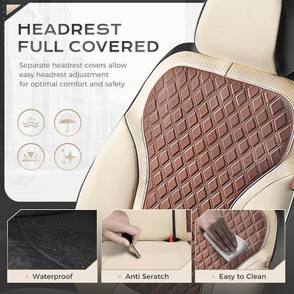 Coverado Front Seat Covers, Luxury Diamond Leather Car Seat Cover with Carbon Fiber Weave, Waterproof Car Seat Cover Driver Seat Cover Spill-Proof Design Universal Fit for Most Cars, Beige&Brown