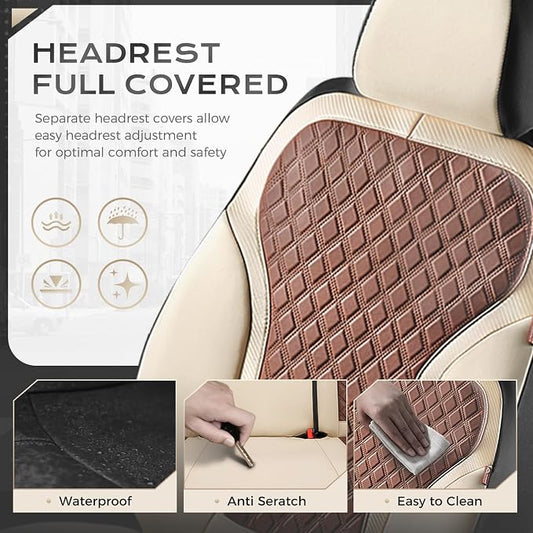 Coverado Front Seat Covers, Luxury Diamond Leather Car Seat Cover with Carbon Fiber Weave, Waterproof Car Seat Cover Driver Seat Cover Spill-Proof Design Universal Fit for Most Cars, Beige&Brown