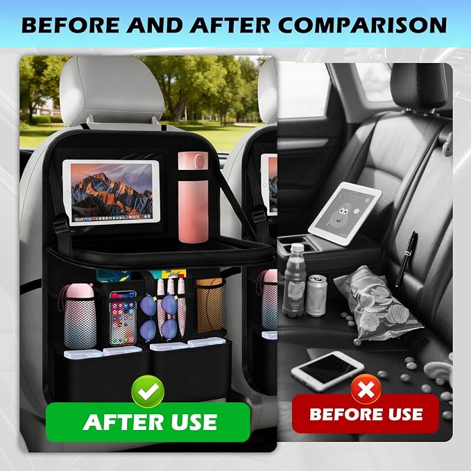 2026 Upgraded Backseat Car Organizer,Multifunctional Back Seat Car Organizer with Cars Tray & Cup Holder,Roadtrip Essentials Foldable Back of Seat Cars Organizers for Most Vehicles