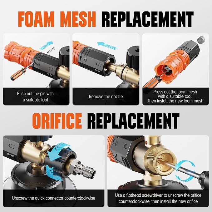 Foam Cannon for Pressure Washer, 1L Car Wash Foam Cannon with 1/4" Quick Connect, Adjustable Snow Foam Lance with Extra Orifice Nozzle & Foam Makers for Cars