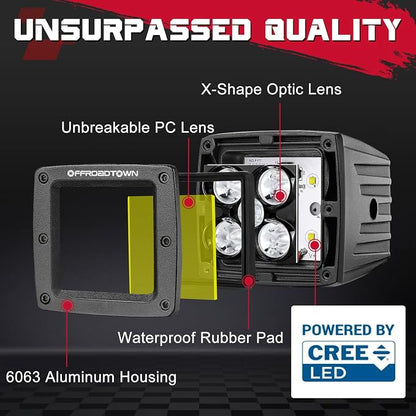 OFFROADTOWN LED Cubes 3" 100W CREE Yellow LED Pods with Wiring Harness & Cover Spot Beam Off Road Driving Ditch Lights Amber Fog Lights for Trucks UTV ATV SUV Motorcycle Boat