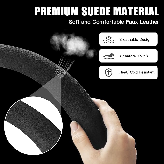 Suede Steering Wheel Cover with Upgraded Silicone Inner Ring, Breathable, Anti-Slip, Leather Universal 14.5 to 15 Inch Steering Wheel Cover (Black with Embossing Pattern)