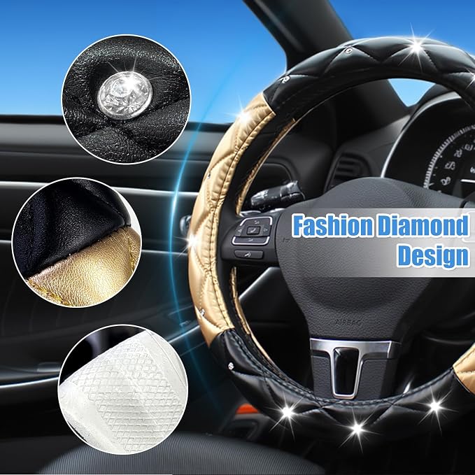 SuperKaKa Black and Gold Steering Wheel Cover, Auto Cute Diamond Bling Soft Comfort Leather Car Interior Accessories Protector Sparkly Fit Most O-Shaped Steering Wheels