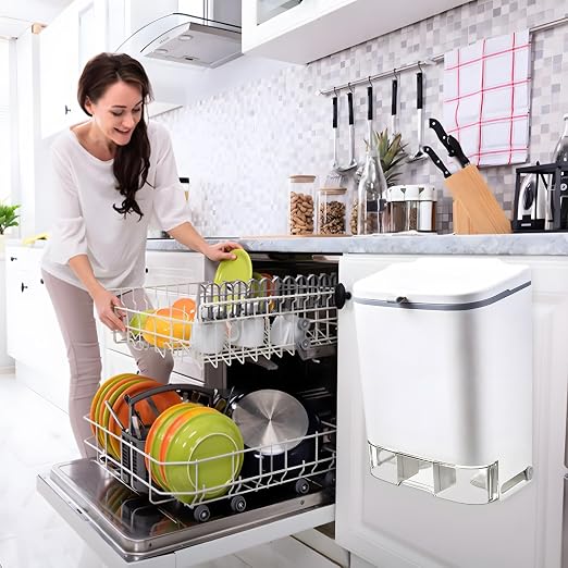2.4 Gallon Compost Bin Hanging Trash Can with Lid Garbage Can Wall Mounted Trash Can with 3 Pack Disposable Bag for Kitchen,Cupboard, Bathroom, Under Sink,Counter Top (White)