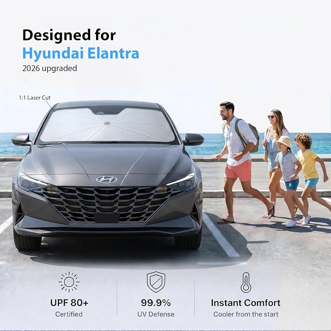 2026 Upgraded Windshield Sun Shade Umbrella for Hyundai Elantra [Precision Custom Fit, Superior UV & Heat Block] Cooling Tech Fabric, Durable Foldable with Storage Bag, Fits 2000-2025