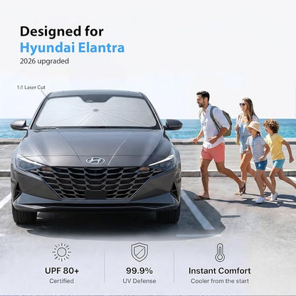 2026 Upgraded Windshield Sun Shade Umbrella for Hyundai Elantra [Precision Custom Fit, Superior UV & Heat Block] Cooling Tech Fabric, Durable Foldable with Storage Bag, Fits 2000-2025