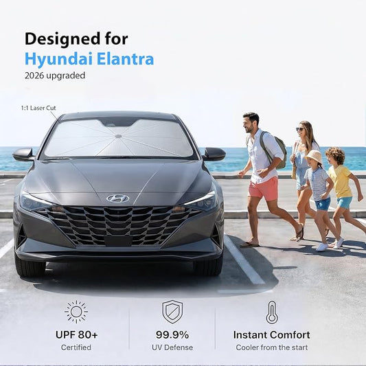 2026 Upgraded Windshield Sun Shade Umbrella for Hyundai Elantra [Precision Custom Fit, Superior UV & Heat Block] Cooling Tech Fabric, Durable Foldable with Storage Bag, Fits 2000-2025