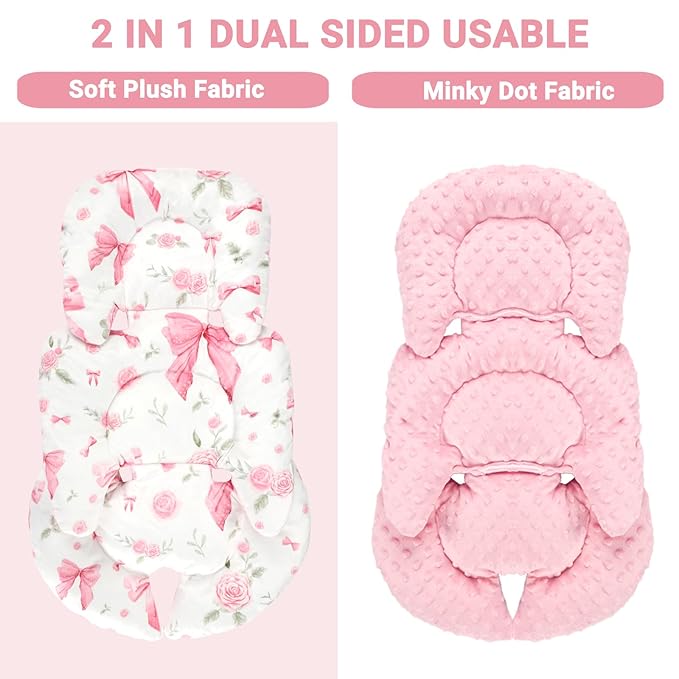 Infant Car Seat Insert Girls, Soft Car Seat Head Support Baby & 2 Strap Pads, Preemie Newborn Carseat Insert Reversible Fits for Stroller, Baby Swing, Rocker, Bassinets, Bouncer, Pink Rose