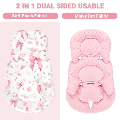 Infant Car Seat Insert Girls, Soft Car Seat Head Support Baby & 2 Strap Pads, Preemie Newborn Carseat Insert Reversible Fits for Stroller, Baby Swing, Rocker, Bassinets, Bouncer, Pink Rose