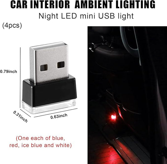 4 PCS USB LED Car Interior Atmosphere Lamp, Portable Mini LED Night Light, Plug-in USB Interface Trunk Ambient Lighting Kit, Universal Interior Car Accessories (Blue+Red+Ice Blue+White)