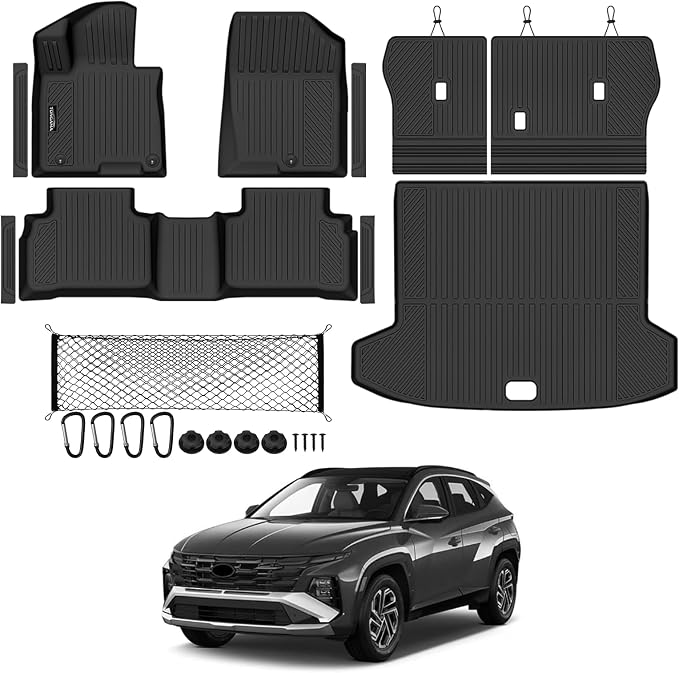 Tongama-Floor Mats for 2022-2025 2026 Hyundai Tucson Hybrid, All Weather TPE Trunk Mat and Backrest Mats Protector and Cargo Net and Door Sill Guards for Hyundai Tucson Floor Liner Accessories