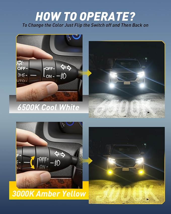 AUXITO 9006/HB4 LED Switchback Bulbs, 6500K White & 3000K Amber Yellow, 1000% 50000LM Ultra Bright, No Flicker, 3Min-Plug and Play, 30+ Years Lifespan, Fits 99% Vehicles, Pack of 2