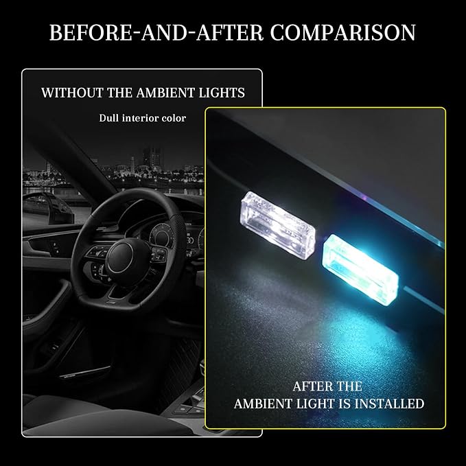 4 PCS USB LED Car Interior Atmosphere Lamp, Portable Mini Auto LED Decor Night Light, Plug-in USB Interface Ambient Lighting Kit, Universal Car Interior Accessories(White+Ice Blue)