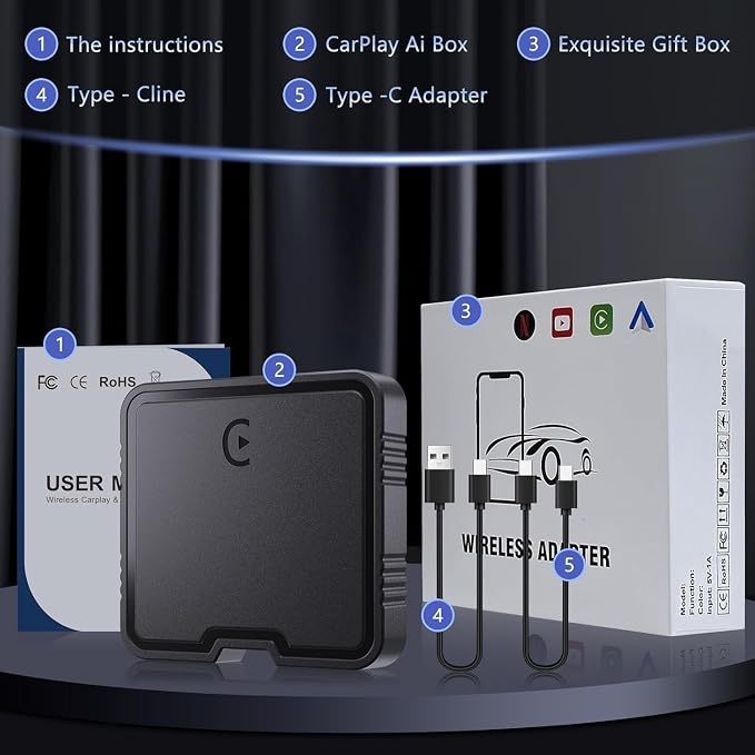 Wireless CarPlay Adapter AI Box for iPhone & Android Auto – YouTube & Netflix Support, TF Card Offline Playback, Plug and Play, Wired to Wireless Conversion, Stable 5.8GHz WiFi & Bluetooth 5.3