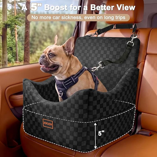 JOEJOY Elevated Dog Car Seat for Small/Medium Dogs up to 35 lbs, Memory Foam Booster Seat with Detachable Washable Cover, Travel-Safe Car Bed with Safety Belts & Storage Pockets, Black