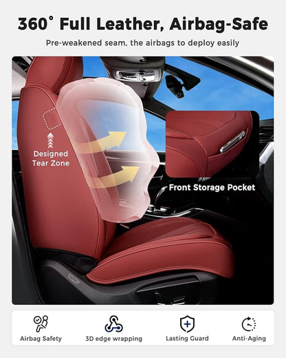 Huidasource Red Front Seat Cover Luxury Nappa Leather, Front Car Seat Cover with Airbag, Front Storage Pocket, Lumbar Support, Cooling＆Heating, Seat Covers Universal Fit for Most Cars SUV Trucks, Red