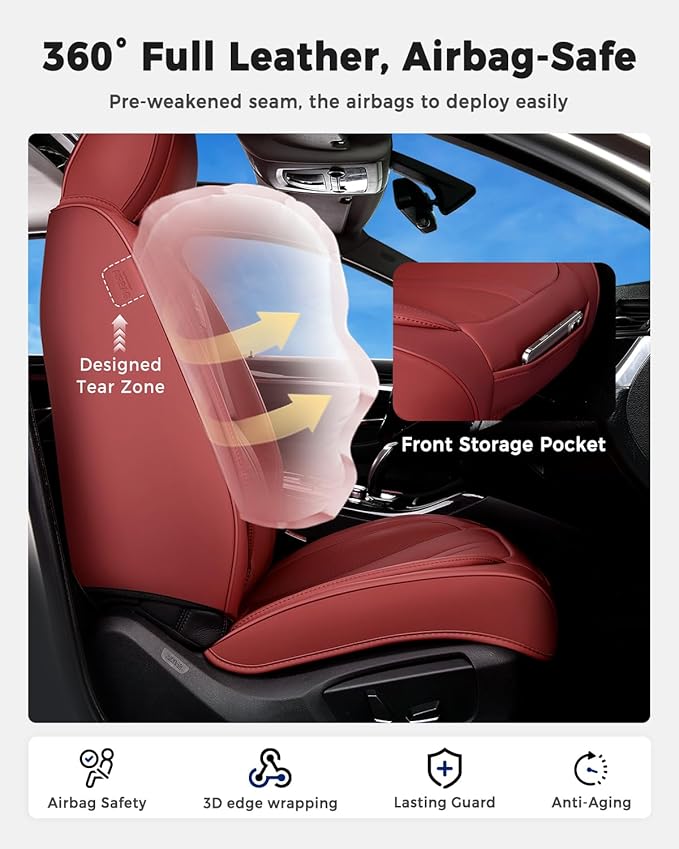 Huidasource Red Seat Covers Luxury Nappa Leather, Car Seat Covers with Velcro Adjustable, Airbag, Lumbar Support, Cooling ＆ Heating, Automotive Seat Covers Universal Fit for Most Cars SUV Trucks, Red