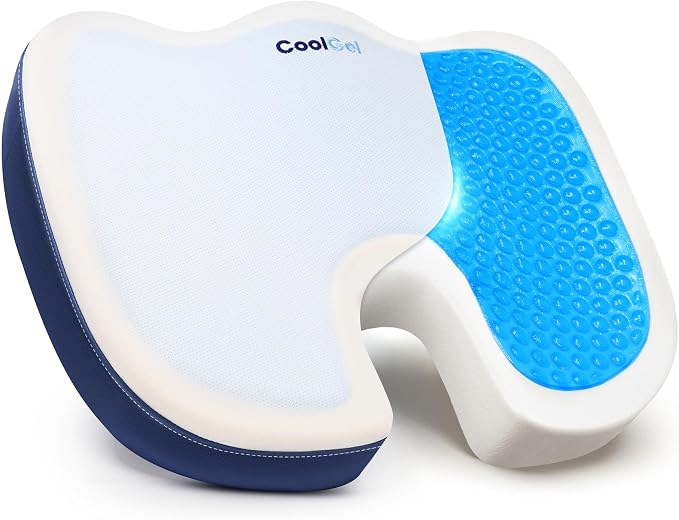 COOL GEL Memory Foam Seat Cushion, Gel Cooling Memory Foam, Office Chair Cushion for Tailbone, Sciatica & Back Pain Relief - Ergonomic U-Shaped with Non-Slip Base and Washable Cover