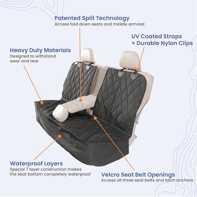4Knines Dog Seat Cover for Back Seat, Heavy Duty Waterproof Rear Seat Protector for Large Trucks, SUVs, Cars - Fits 60/40 Split Bench with Middle Seat Belt, Non-Slip Backseat Cover (Extra Large, Tan)