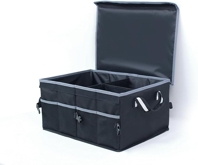 Seal Skin Covers Trunk Organizer for Car with Lid, Foldable Trunk organizer for SUV, Truck, Sedan with Securing Straps Collapsible Multi Compartment Car Accessories for Women Men (50L, Black)