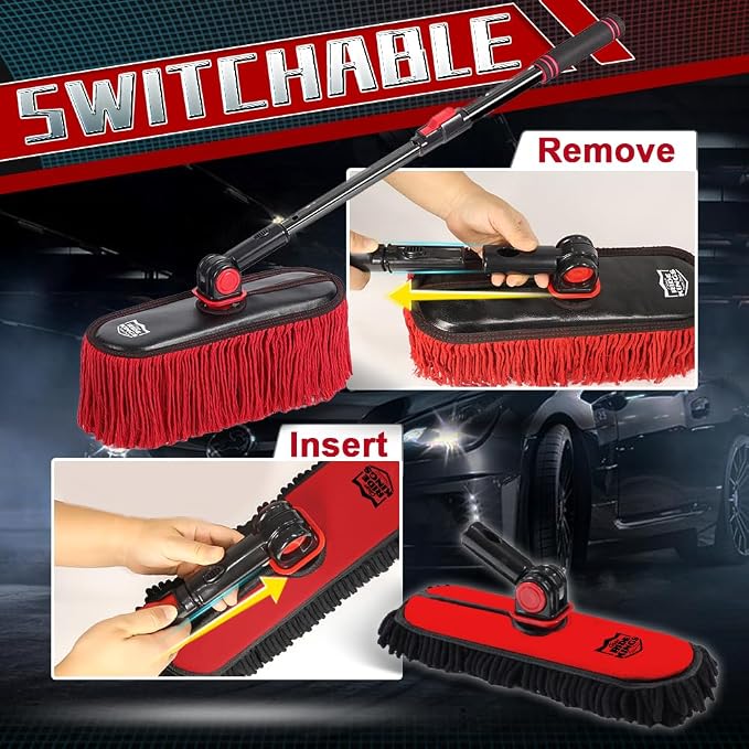 Car Duster Exterior with Extendable Handle, Scratch Free Auto Wash Brush Mop, Interior Detailing Kit for Truck RV Boat - 2in1-2 Heads (Chenille & Wax Cotton) with 1 Pole, Dark Red
