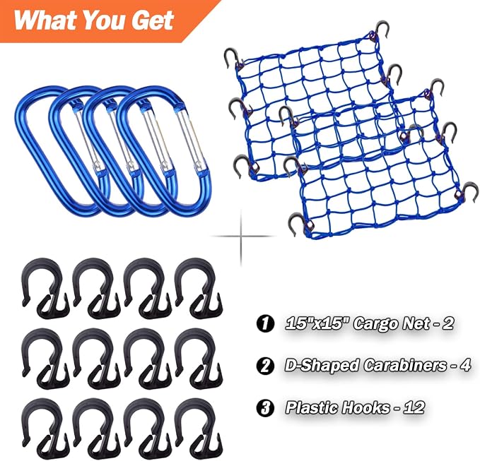 Cargo Net 15"x15" Stretches to 30"x30" with Thicken Hooks | Natural Latex Core, Tight 2”x2” Mesh Small Heavy Duty Bungee Net for Motorcycle Helmet, Bike, ATV, UTV, Luggage (Blue, 2 Pack)